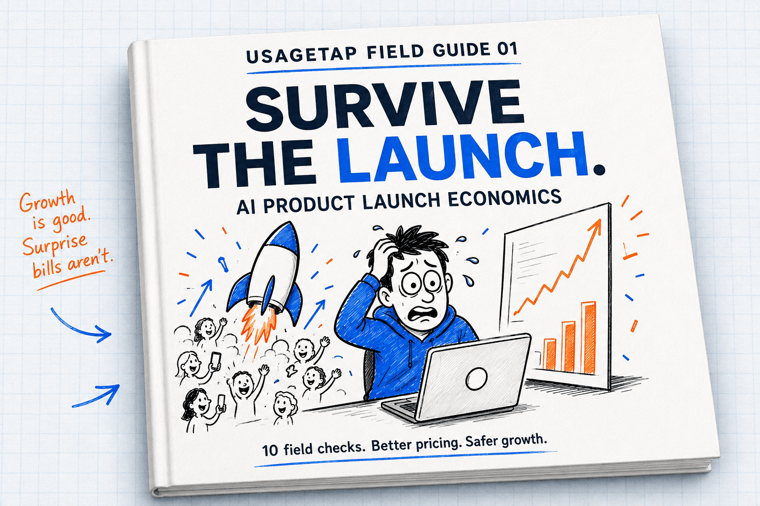 Survive the launch: an illustrated UsageTap field guide with a rocket, a founder, and rising AI costs.