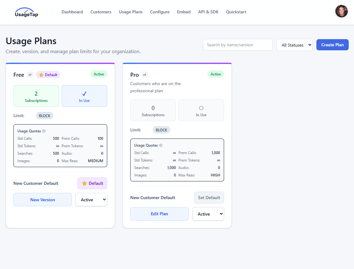 Usage plans screenshot